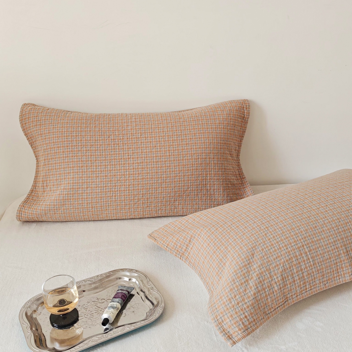 91家纺网 家纺一手货源 找家纺 沐瑟家纺 2026新款无印风格子款枕巾 芸榕-卡其