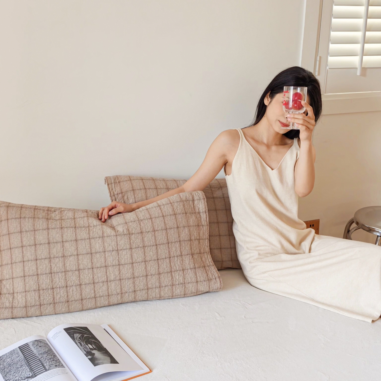 91家纺网 家纺一手货源 找家纺 沐瑟家纺 2026新款无印风格子款枕巾 芸柚-浅咖