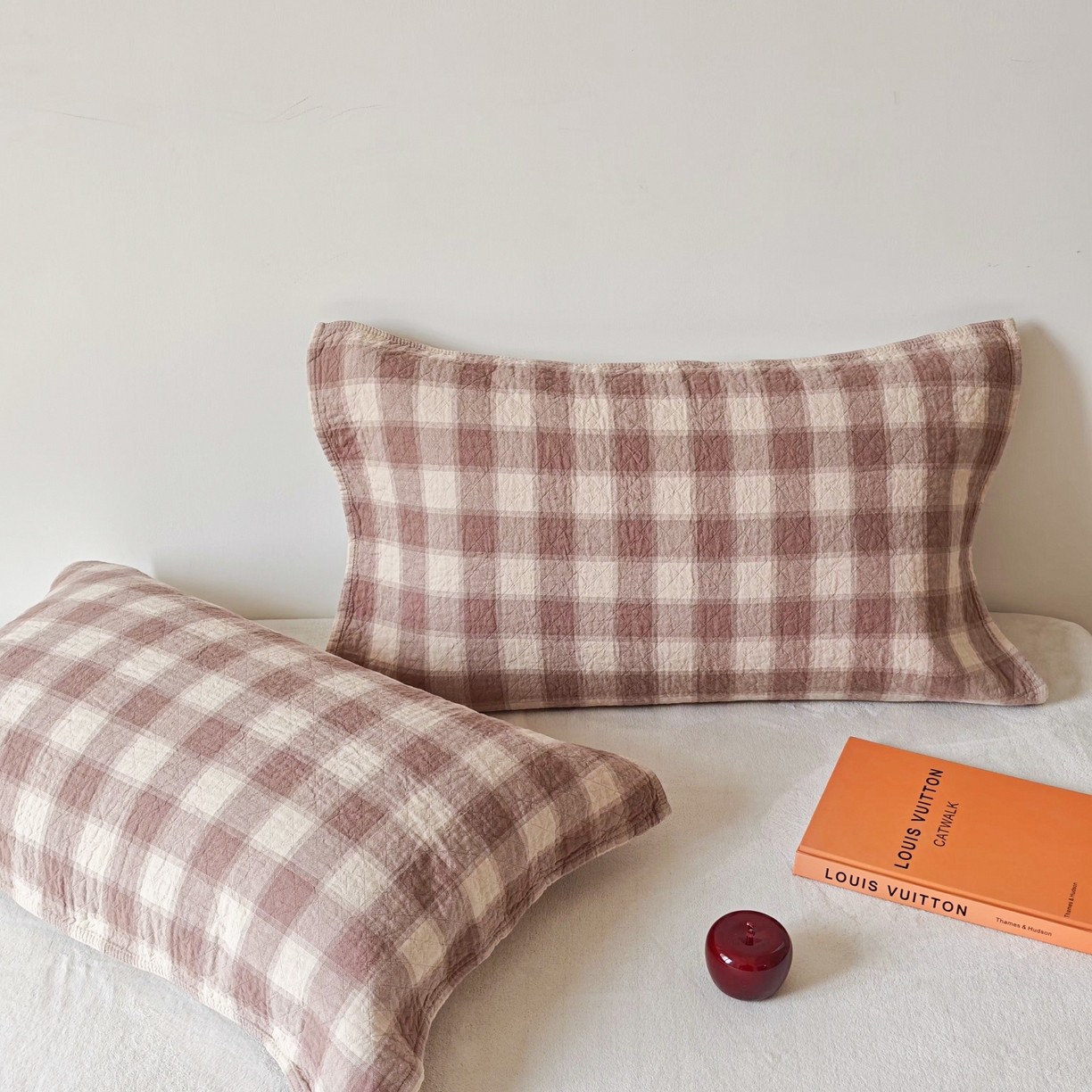 沐瑟家纺 2026新款无印风格子款枕巾 华夫生活-浅咖