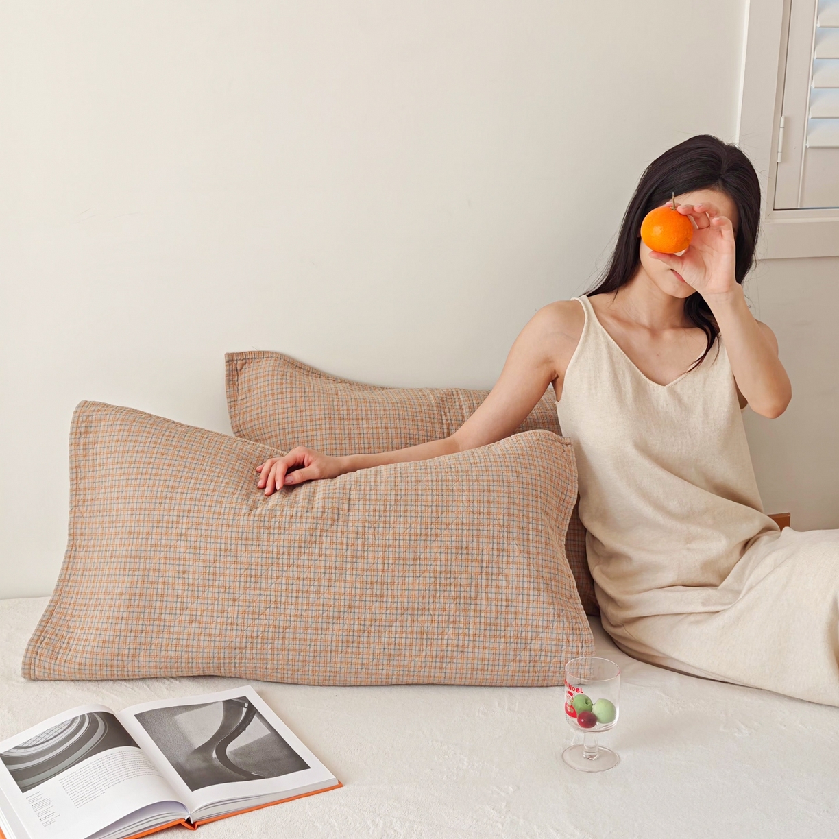 91家纺网 家纺一手货源 找家纺 沐瑟家纺 2026新款无印风格子款枕巾 芸榕-卡其