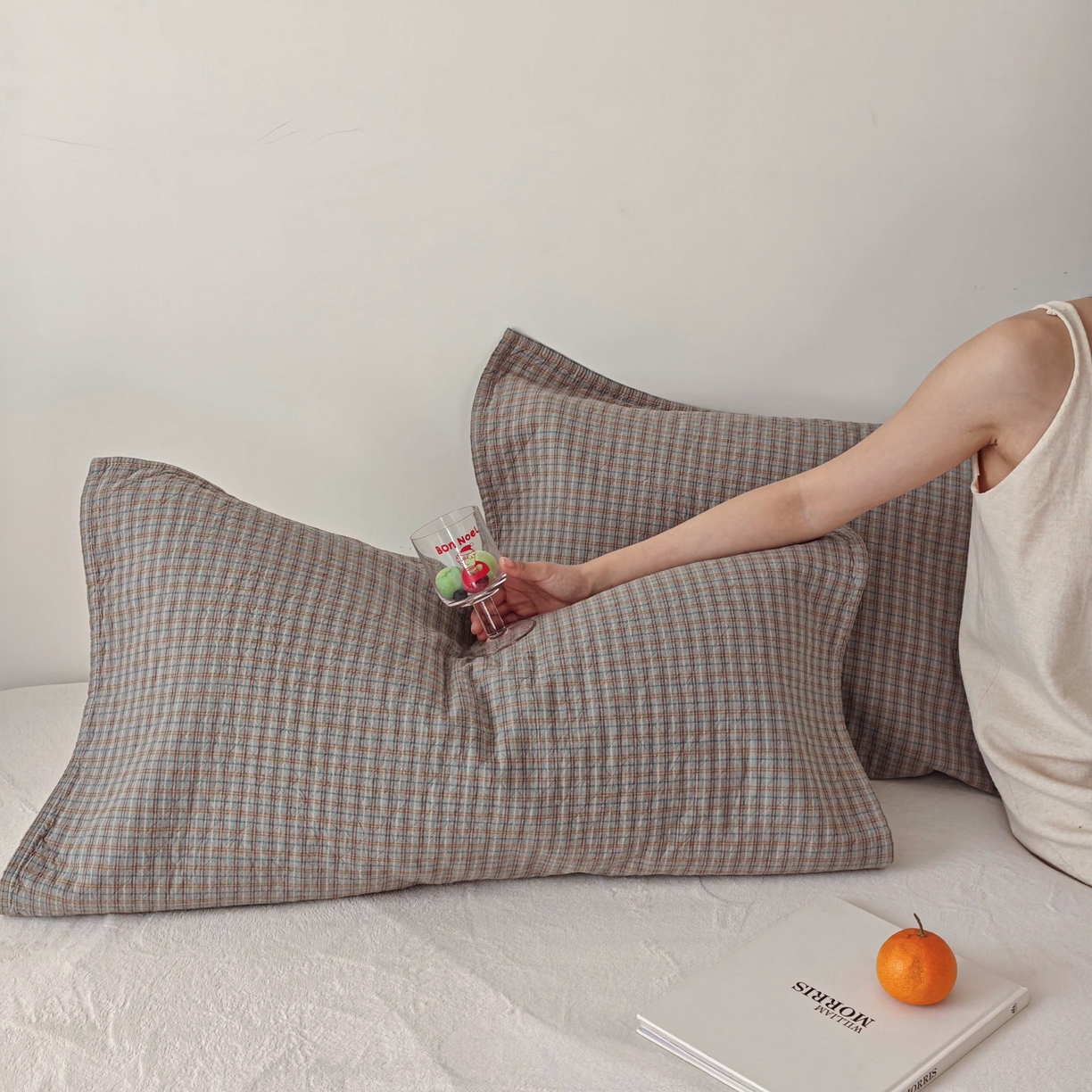 91家纺网 家纺一手货源 找家纺 沐瑟家纺 2026新款无印风格子款枕巾 芸榕-灰绿