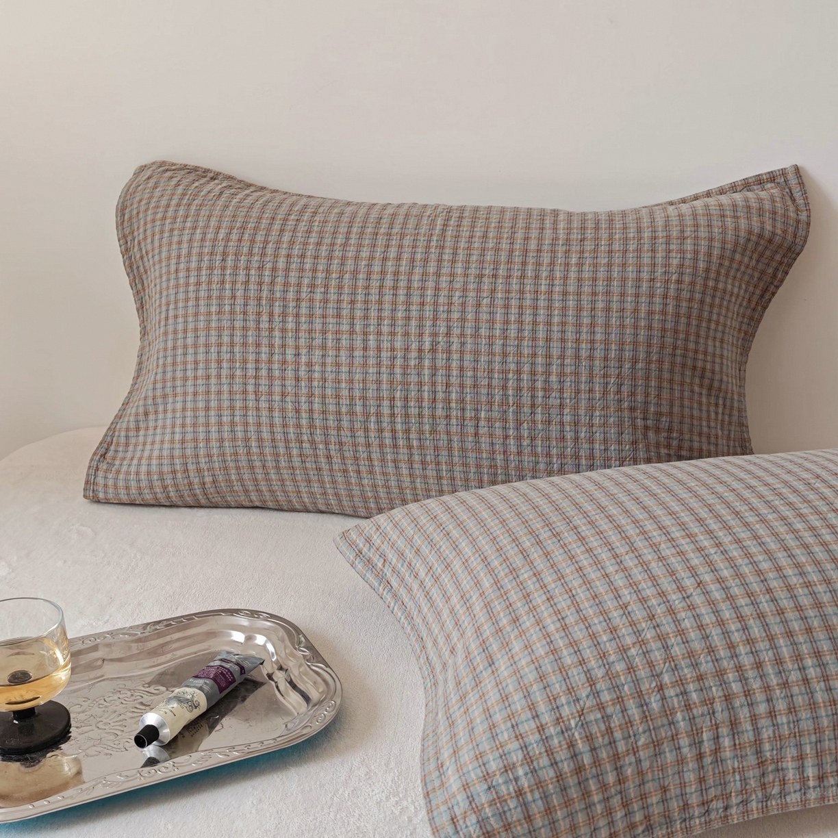 91家纺网 家纺一手货源 找家纺 沐瑟家纺 2026新款无印风格子款枕巾 芸榕-灰绿