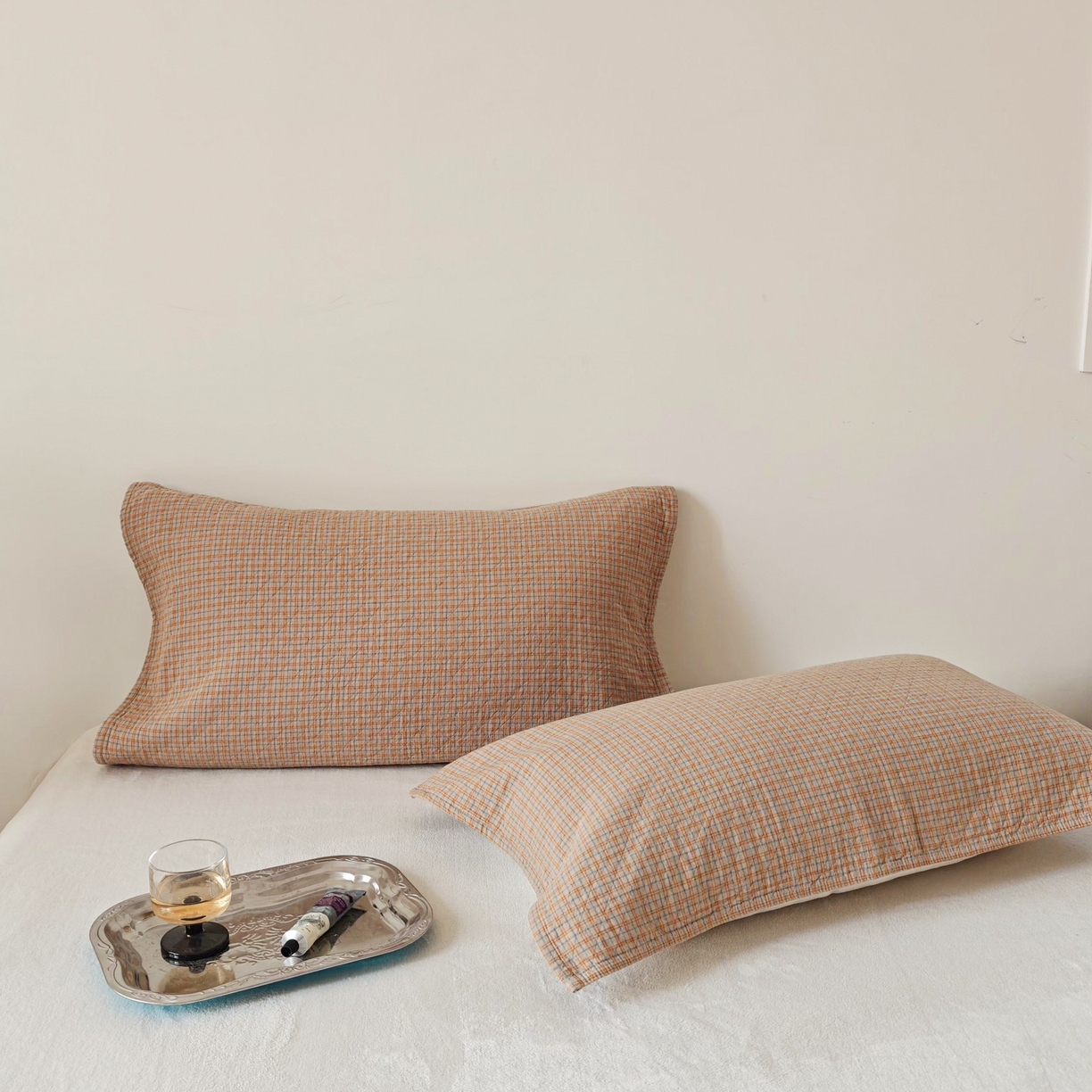 91家纺网 家纺一手货源 找家纺 沐瑟家纺 2026新款无印风格子款枕巾 芸榕-卡其