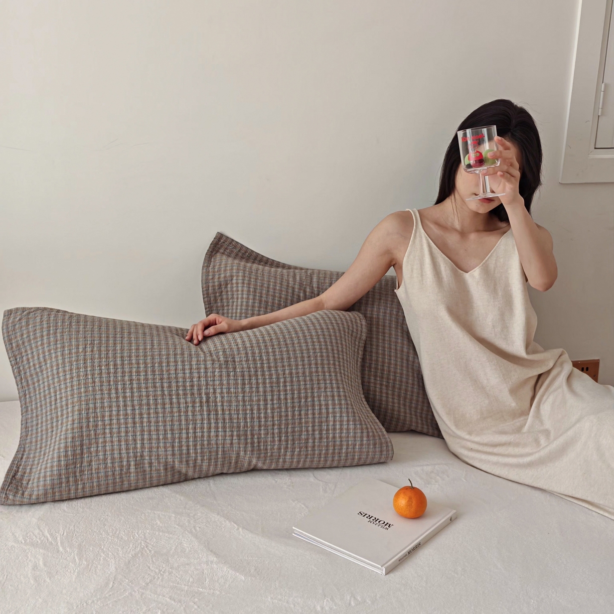 91家纺网 家纺一手货源 找家纺 沐瑟家纺 2026新款无印风格子款枕巾 芸榕-灰绿