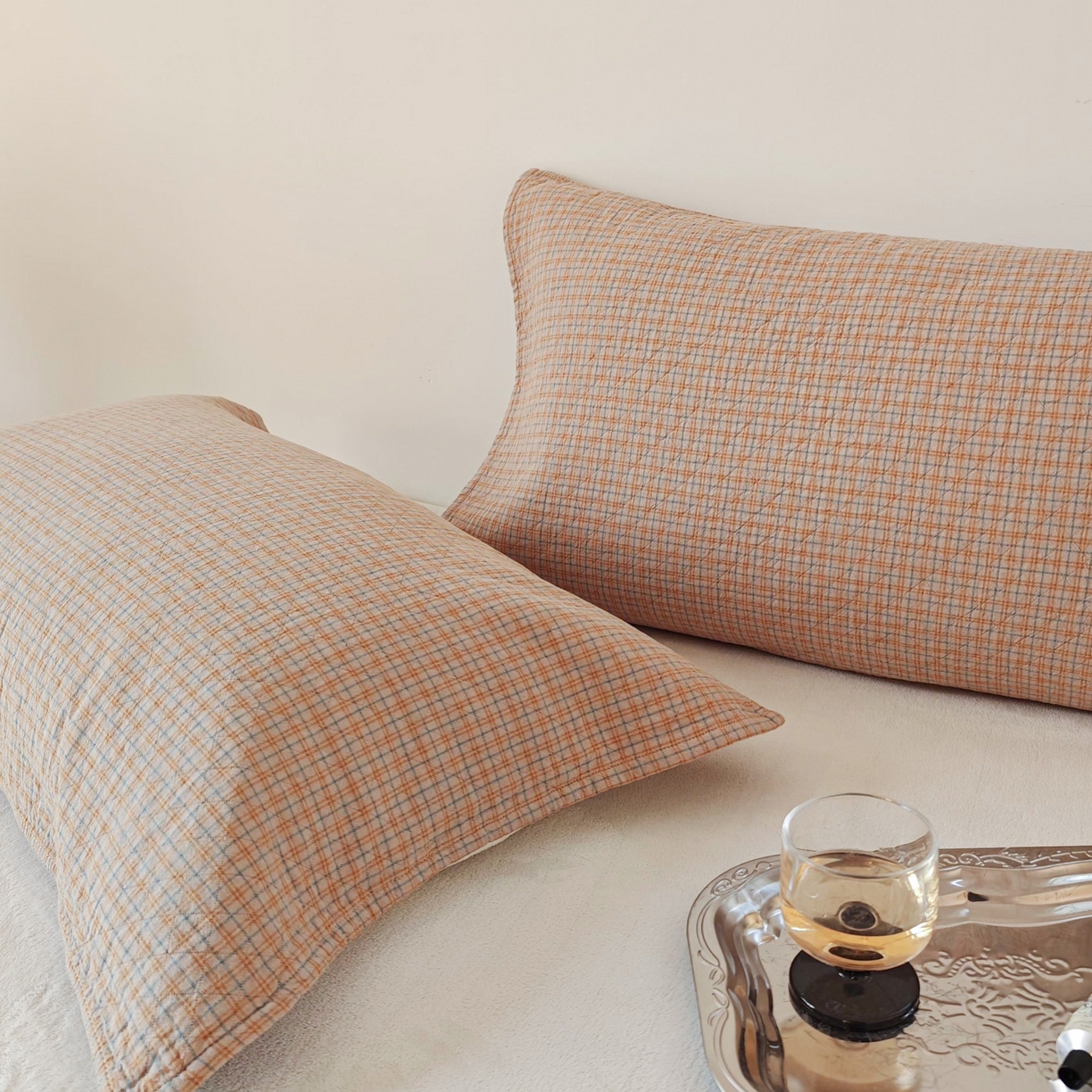 91家纺网 家纺一手货源 找家纺 沐瑟家纺 2026新款无印风格子款枕巾 芸榕-卡其