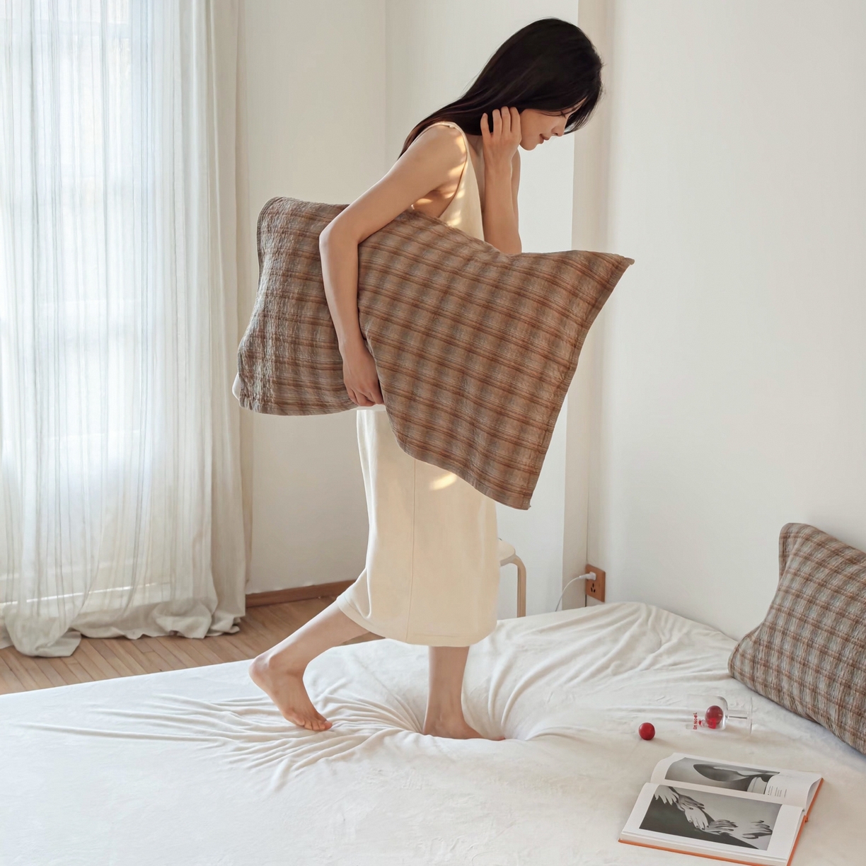 91家纺网 家纺一手货源 找家纺 沐瑟家纺 2026新款无印风格子款枕巾 芸柚-卡其