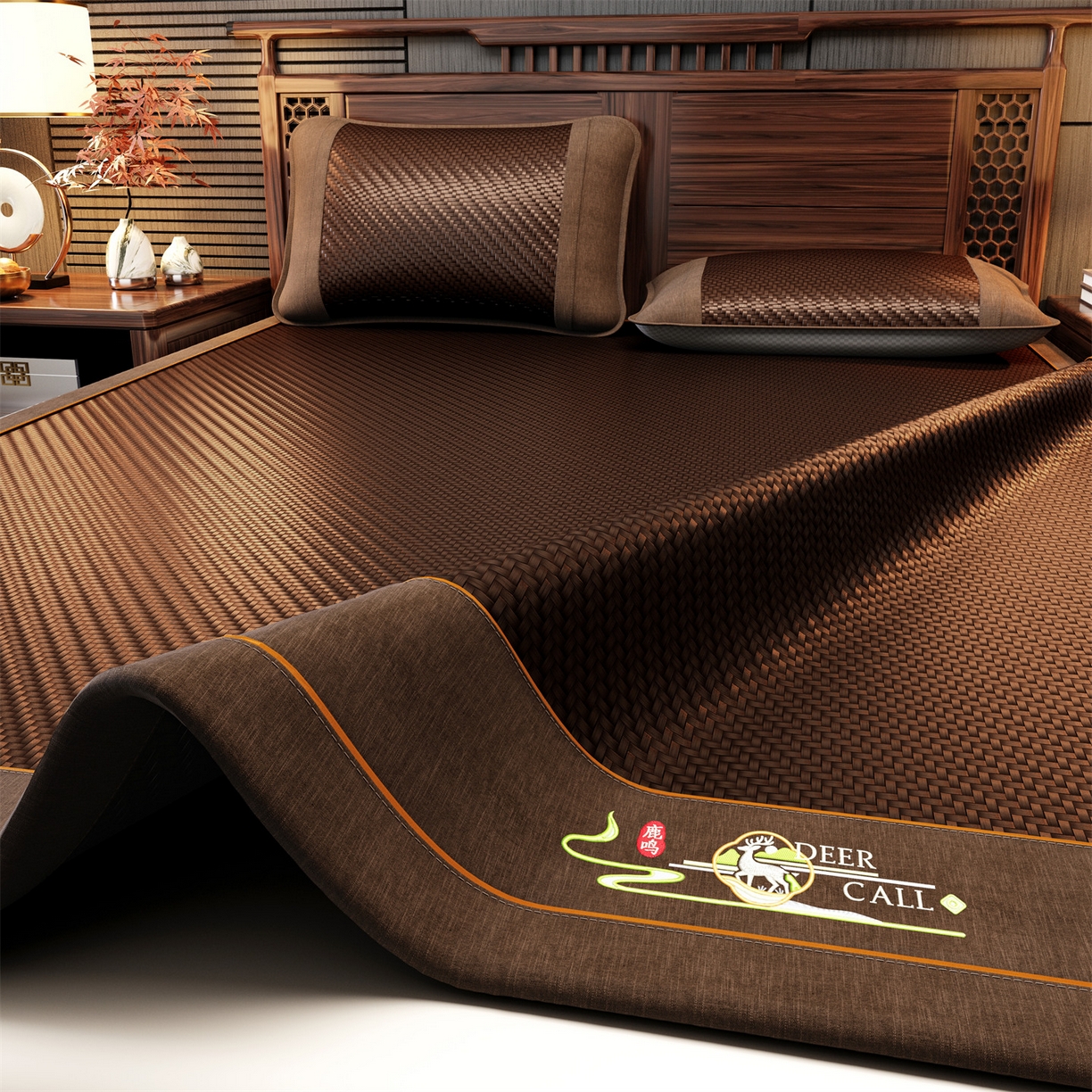 91家纺网 家纺一手货源 找家纺 绒艺席业 2026新款PE藤凉席-绣花款 鹿鸣-深棕