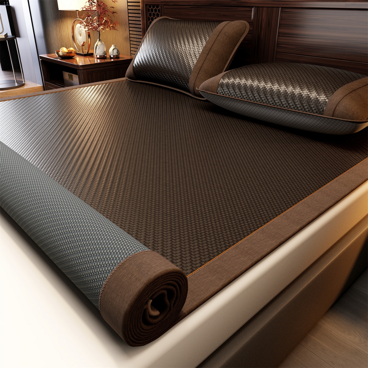 91家纺网 家纺一手货源 找家纺 绒艺席业 2026新款PE藤凉席-绣花款 鹿鸣-暖褐