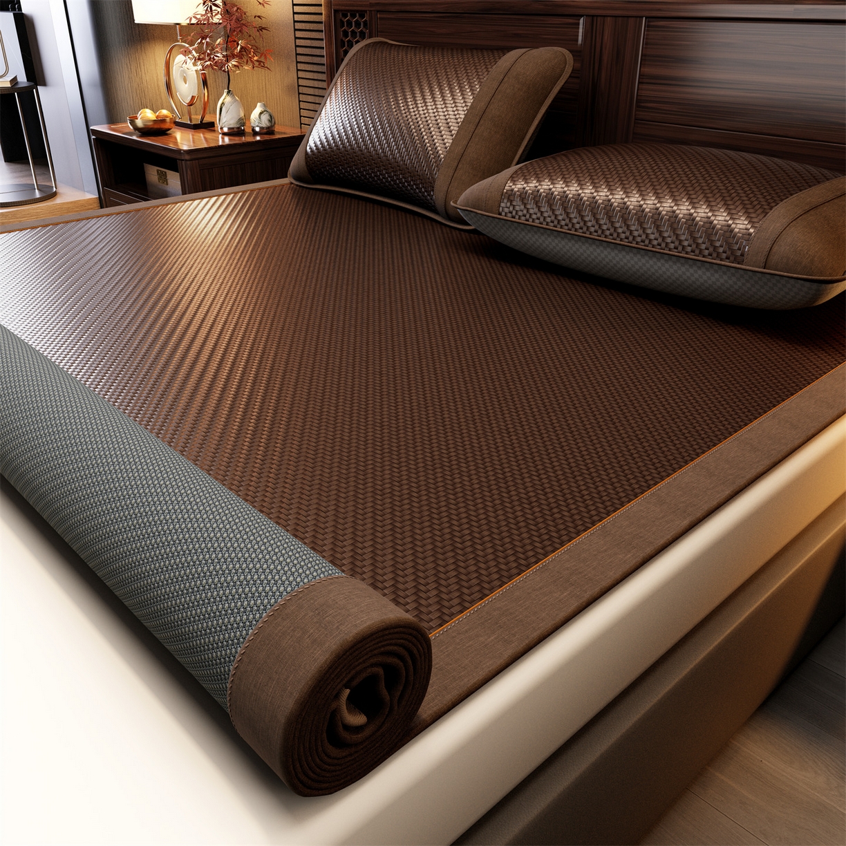 91家纺网 家纺一手货源 找家纺 绒艺席业 2026新款PE藤凉席-绣花款 鹿鸣-深棕