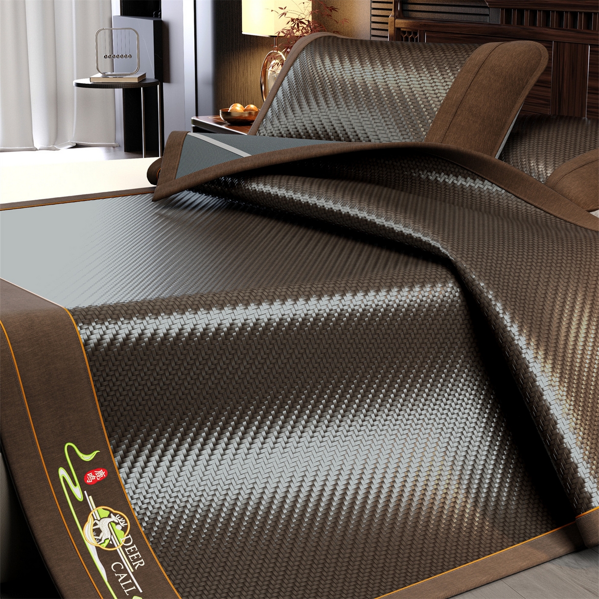 91家纺网 家纺一手货源 找家纺 绒艺席业 2026新款PE藤凉席-绣花款 鹿鸣-暖褐