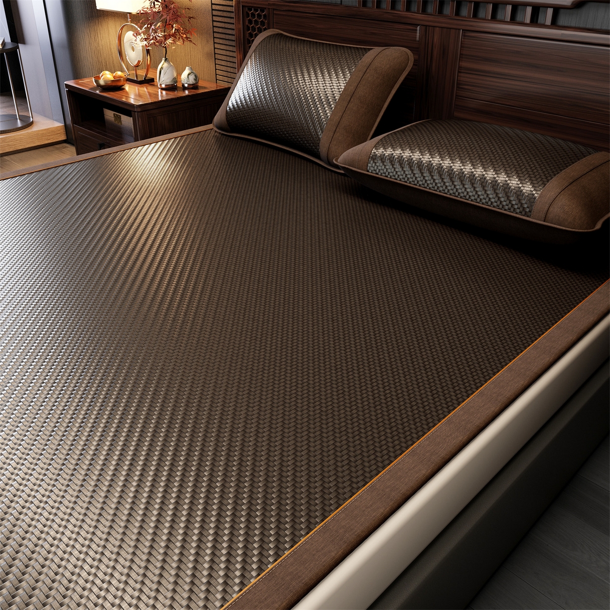 91家纺网 家纺一手货源 找家纺 绒艺席业 2026新款PE藤凉席-绣花款 鹿鸣-暖褐