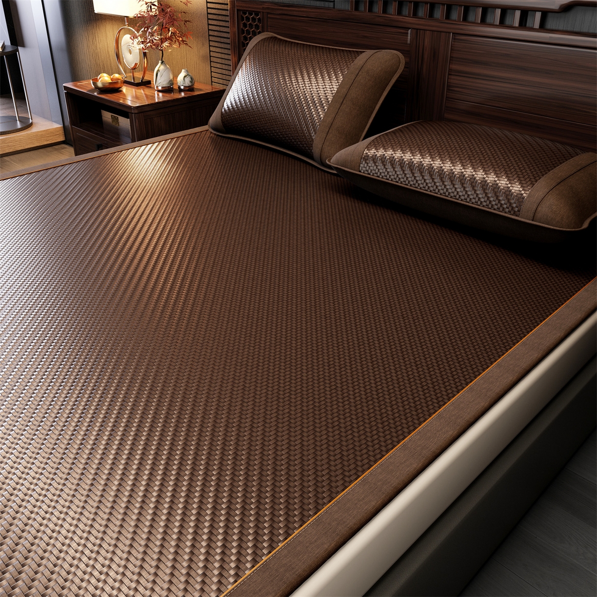 91家纺网 家纺一手货源 找家纺 绒艺席业 2026新款PE藤凉席-绣花款 鹿鸣-深棕