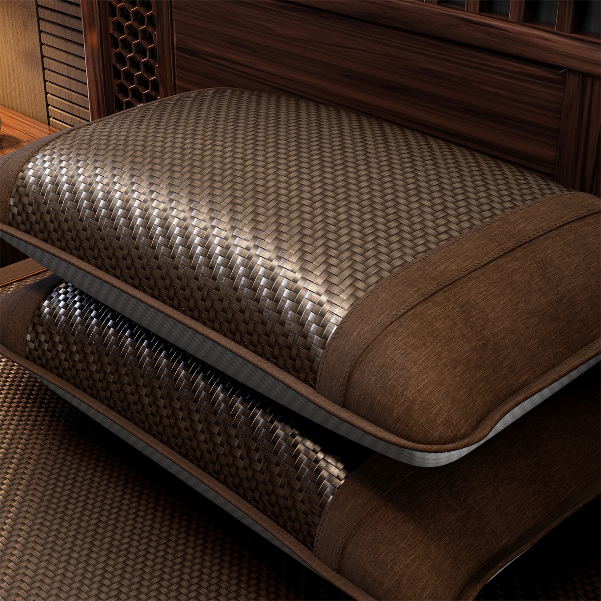 91家纺网 家纺一手货源 找家纺 绒艺席业 2026新款PE藤凉席-绣花款 鹿鸣-暖褐