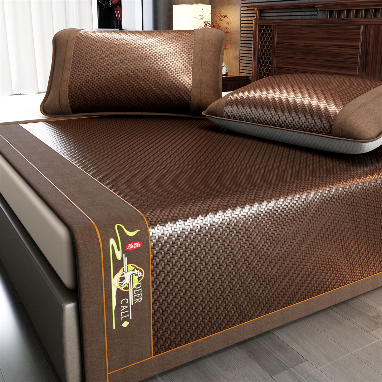 绒艺席业 2026新款PE藤凉席-绣花款 鹿鸣-深棕