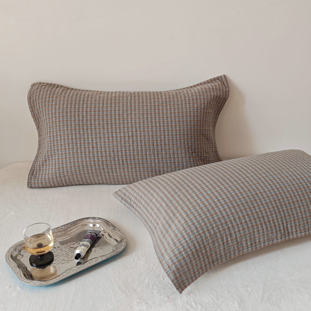 91家纺网 家纺一手货源 找家纺 沐瑟家纺 2026新款无印风格子款枕巾 芸榕-灰绿