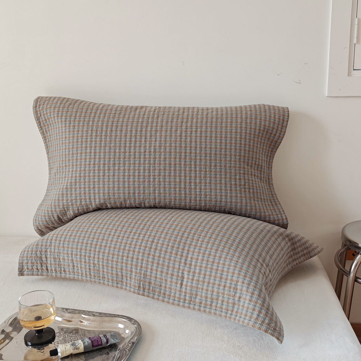 91家纺网 家纺一手货源 找家纺 沐瑟家纺 2026新款无印风格子款枕巾 芸榕-灰绿