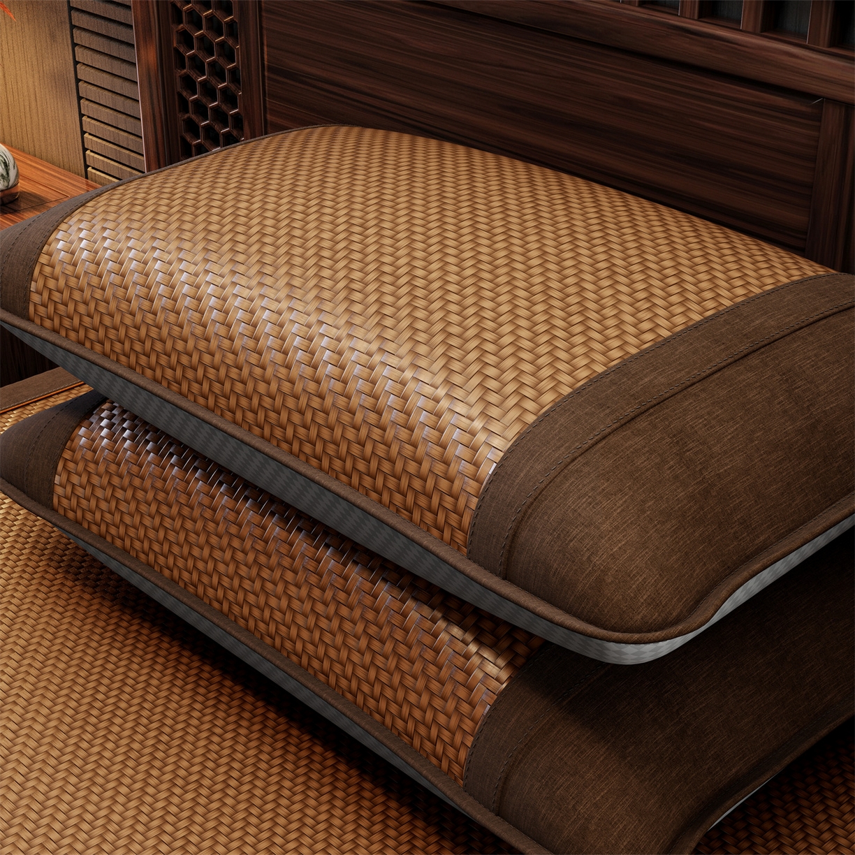 91家纺网 家纺一手货源 找家纺 绒艺席业 2026新款PE藤凉席-绣花款 鹿鸣-淡雅咖