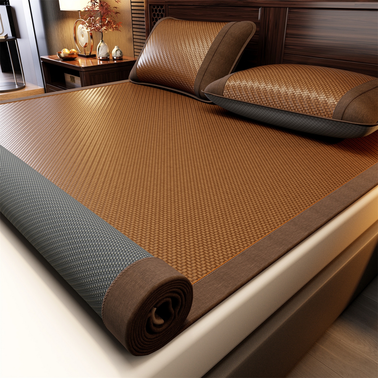 91家纺网 家纺一手货源 找家纺 绒艺席业 2026新款PE藤凉席-绣花款 鹿鸣-淡雅咖