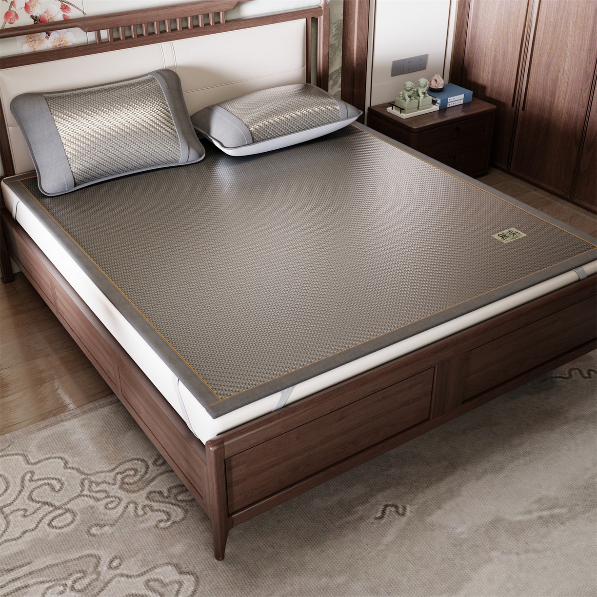 91家纺网 家纺一手货源 找家纺 绒艺席业 2026新款PE藤凉席-皮标款 高级灰