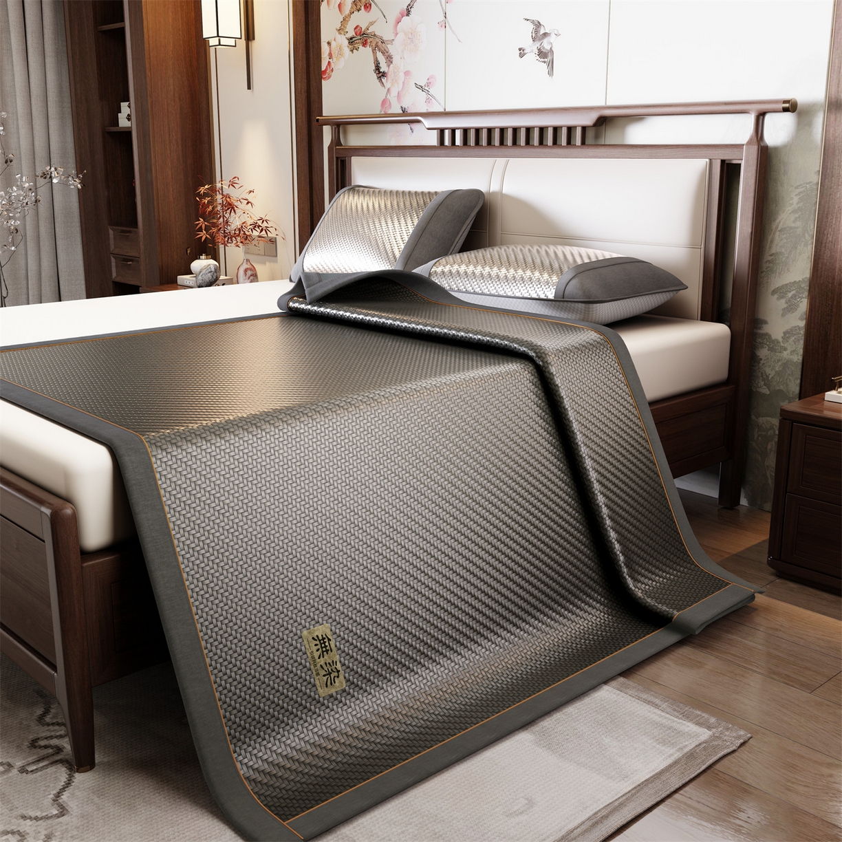 91家纺网 家纺一手货源 找家纺 绒艺席业 2026新款PE藤凉席-皮标款 高级灰