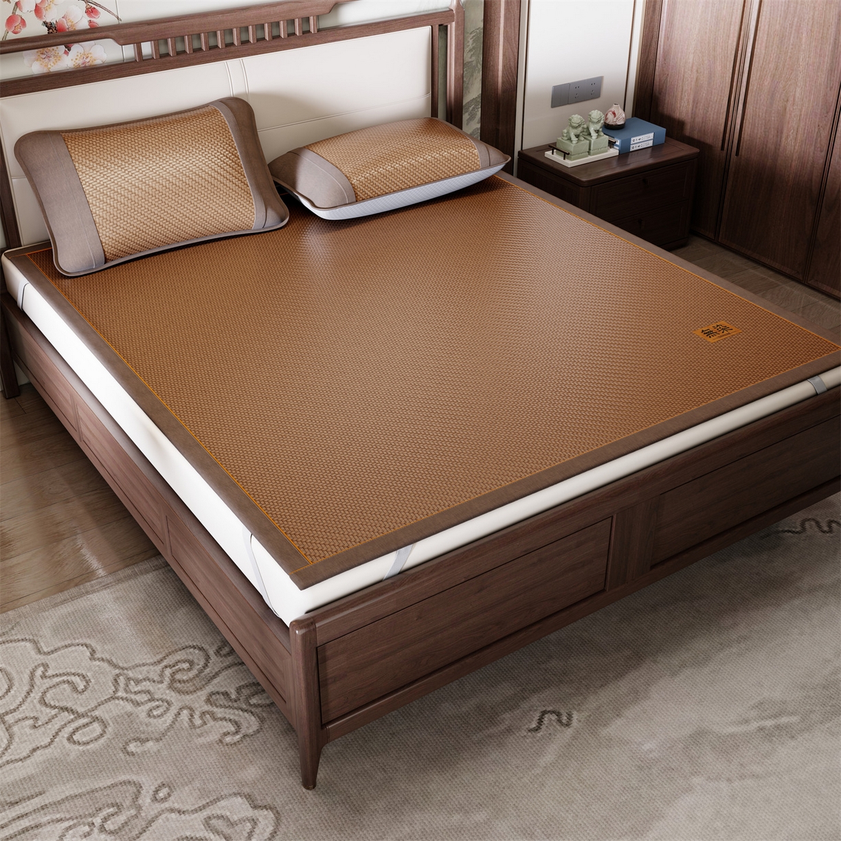 91家纺网 家纺一手货源 找家纺 绒艺席业 2026新款PE藤凉席-皮标款 浅咖