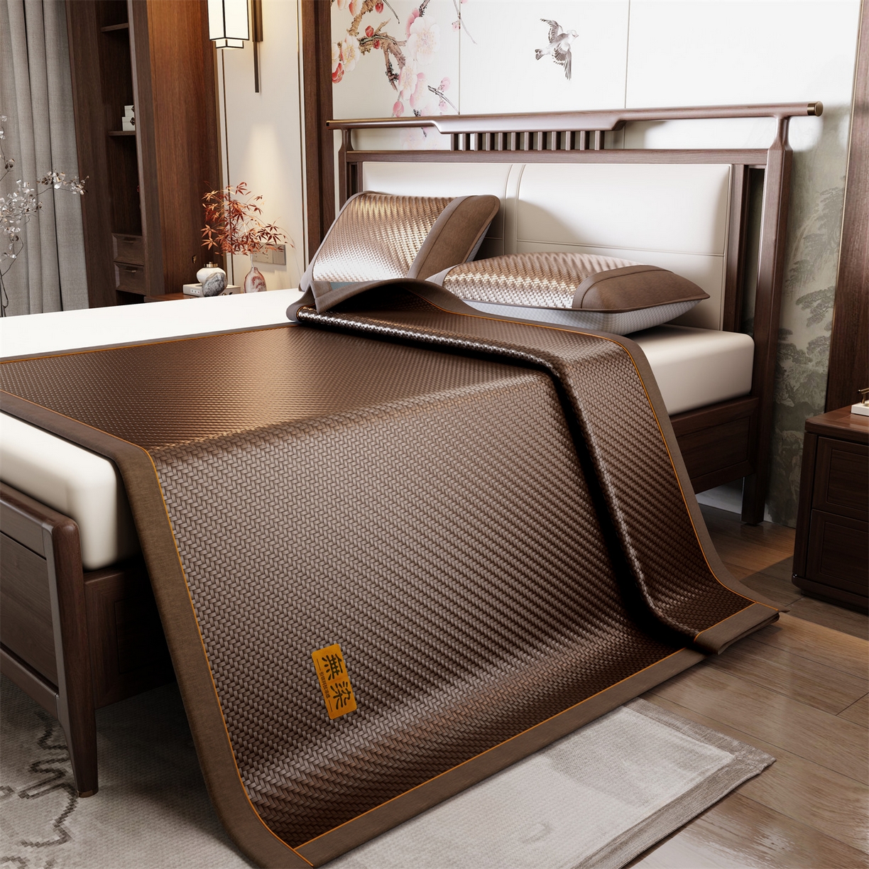 91家纺网 家纺一手货源 找家纺 绒艺席业 2026新款PE藤凉席-皮标款 暖棕