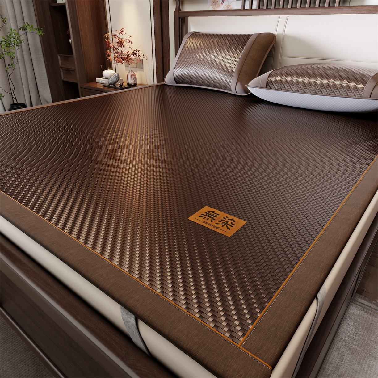 91家纺网 家纺一手货源 找家纺 绒艺席业 2026新款PE藤凉席-皮标款 暖棕