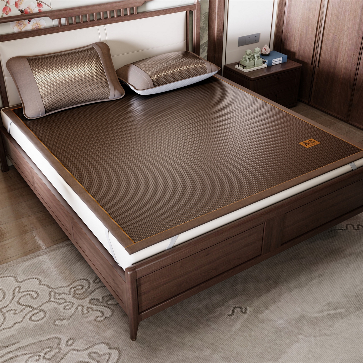 91家纺网 家纺一手货源 找家纺 绒艺席业 2026新款PE藤凉席-皮标款 暖棕