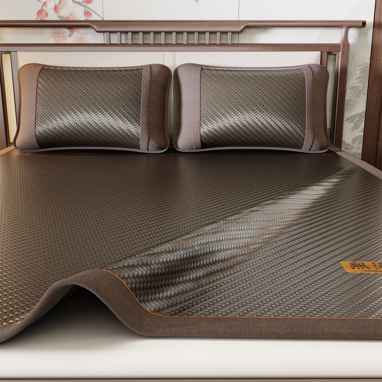 91家纺网 家纺一手货源 找家纺 绒艺席业 2026新款PE藤凉席-皮标款 深褐