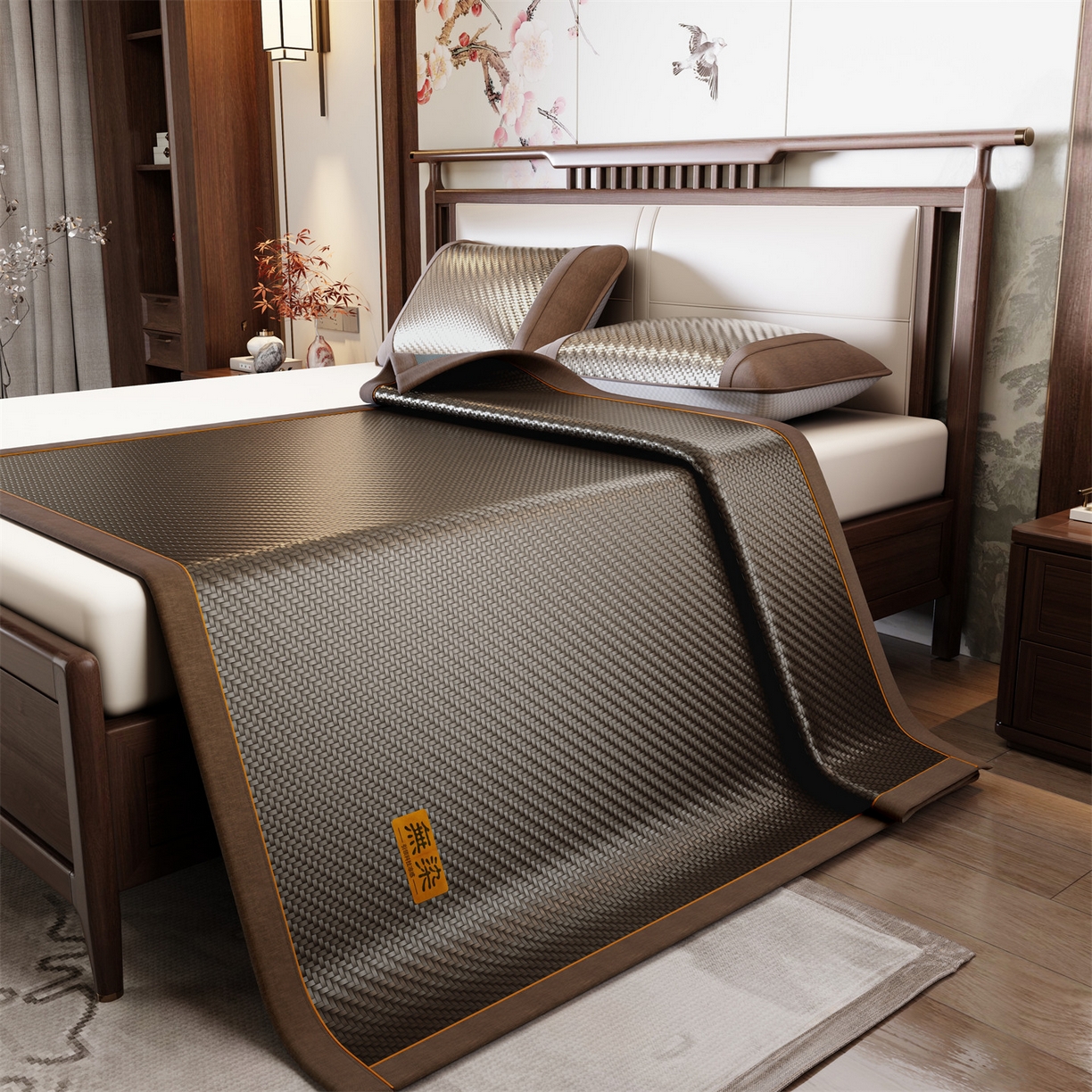 91家纺网 家纺一手货源 找家纺 绒艺席业 2026新款PE藤凉席-皮标款 深褐