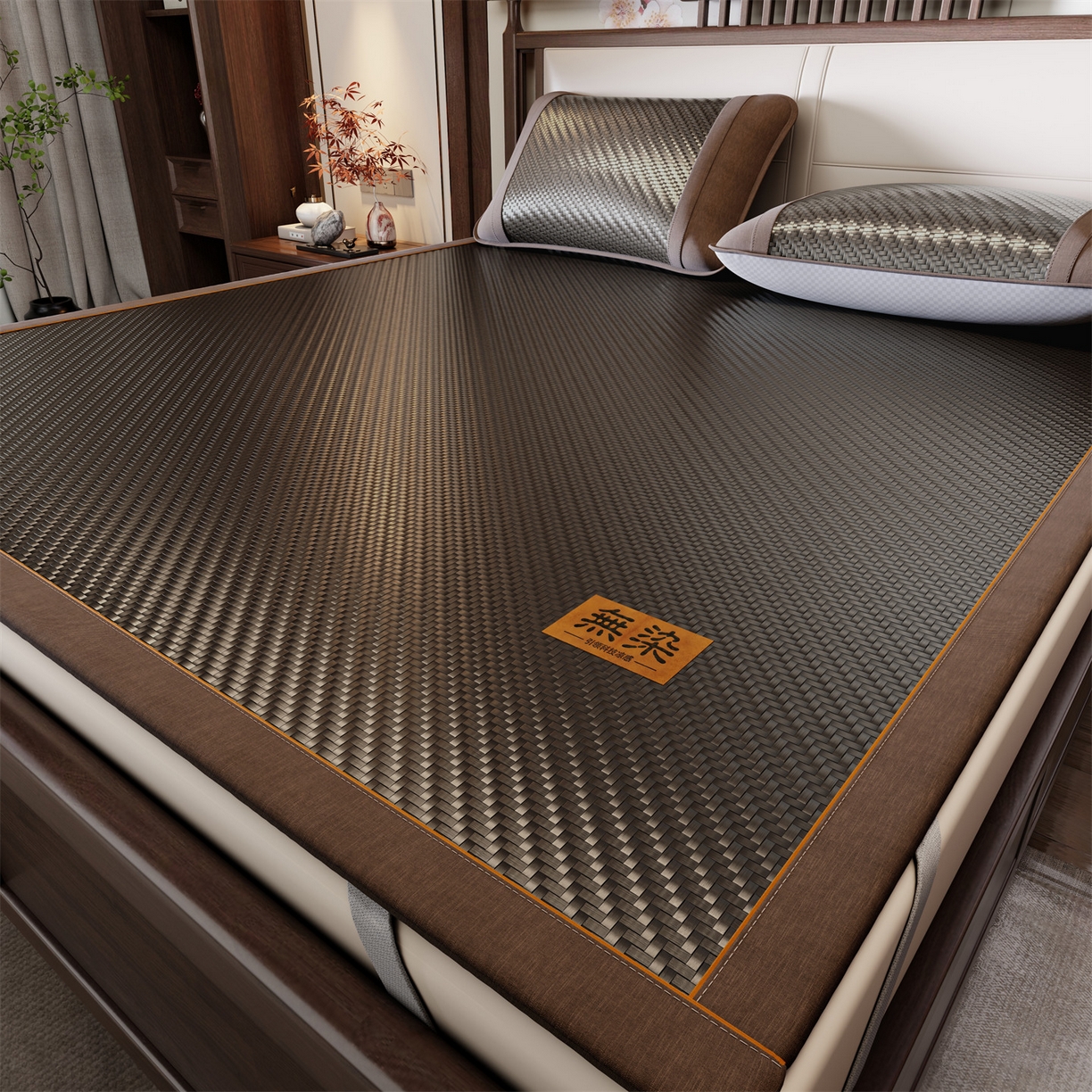 91家纺网 家纺一手货源 找家纺 绒艺席业 2026新款PE藤凉席-皮标款 深褐