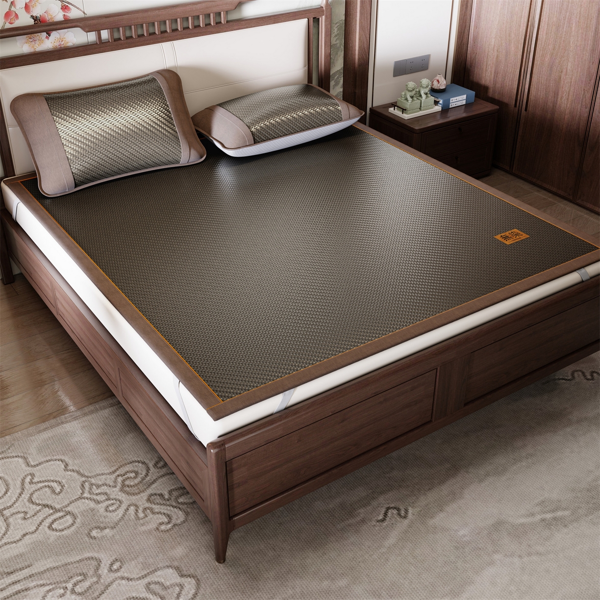 91家纺网 家纺一手货源 找家纺 绒艺席业 2026新款PE藤凉席-皮标款 深褐