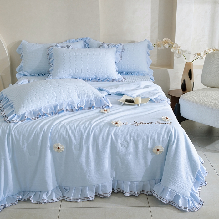 91家纺网 家纺一手货源 找家纺 金绣美居 2026春夏新款多功能夏凉被空调被夏被床盖四件套-花絮（控价不低于169元） 花絮-天蓝