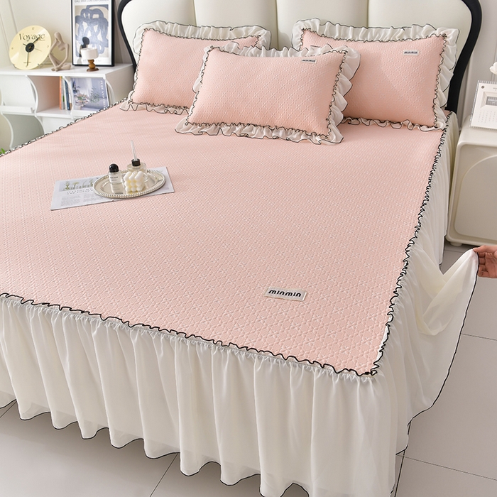 91家纺网 家纺一手货源 找家纺 小牛席业 2026新款浪漫花语冷感豆席床裙凉席席子系列 浪漫花语-浪漫花语冷感豆豆席床裙-粉玉