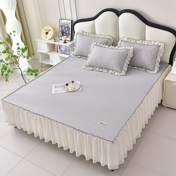 91家纺网 家纺一手货源 找家纺 小牛席业 2026新款浪漫花语冷感豆席床裙凉席席子系列 浪漫花语冷感豆豆席床裙-灰色