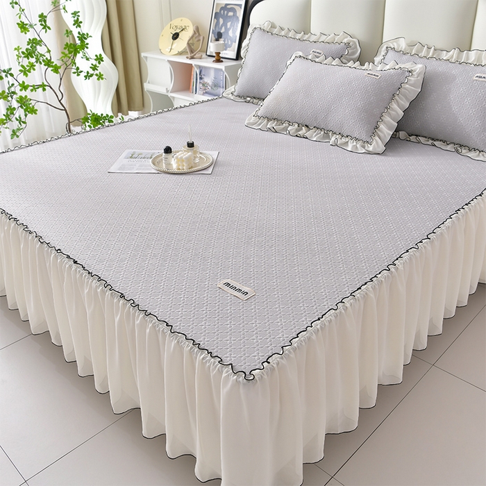 91家纺网 家纺一手货源 找家纺 小牛席业 2026新款浪漫花语冷感豆席床裙凉席席子系列 浪漫花语冷感豆豆席床裙-灰色