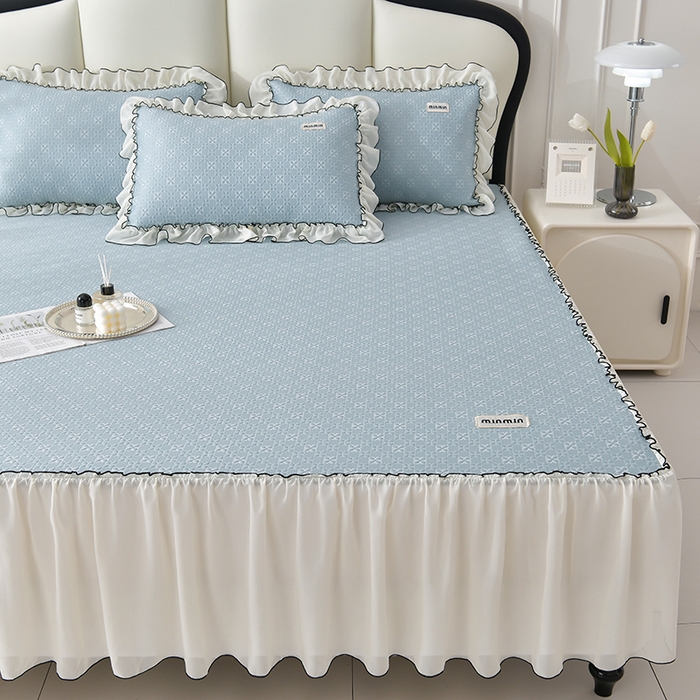 91家纺网 家纺一手货源 找家纺 小牛席业 2026新款浪漫花语冷感豆席床裙凉席席子系列 浪漫花语冷感豆豆席床裙-蓝色