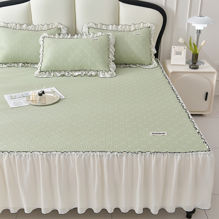 91家纺网 家纺一手货源 找家纺 小牛席业 2026新款浪漫花语冷感豆席床裙凉席席子系列 浪漫花语冷感豆豆席床裙-绿色