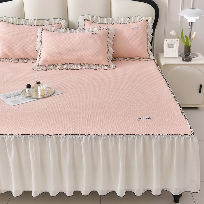 91家纺网 家纺一手货源 找家纺 小牛席业 2026新款浪漫花语冷感豆席床裙凉席席子系列 浪漫花语-浪漫花语冷感豆豆席床裙-粉玉