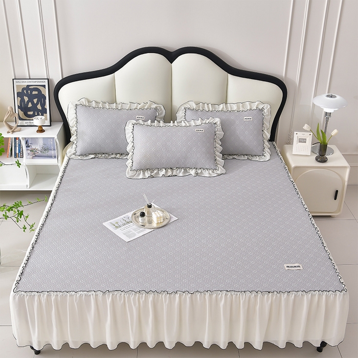 91家纺网 家纺一手货源 找家纺 小牛席业 2026新款浪漫花语冷感豆席床裙凉席席子系列 浪漫花语冷感豆豆席床裙-灰色