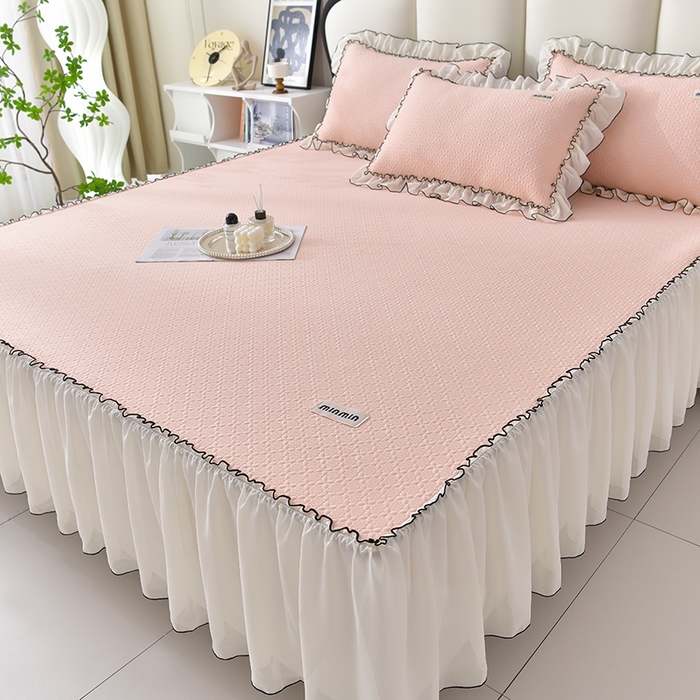 91家纺网 家纺一手货源 找家纺 小牛席业 2026新款浪漫花语冷感豆席床裙凉席席子系列 浪漫花语-浪漫花语冷感豆豆席床裙-粉玉