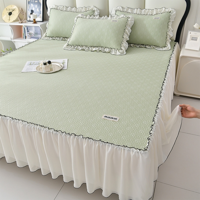 91家纺网 家纺一手货源 找家纺 小牛席业 2026新款浪漫花语冷感豆席床裙凉席席子系列 浪漫花语冷感豆豆席床裙-绿色