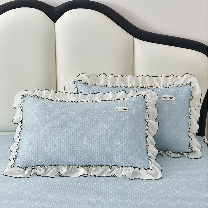 91家纺网 家纺一手货源 找家纺 小牛席业 2026新款浪漫花语冷感豆席床裙凉席席子系列 浪漫花语冷感豆豆席床裙-蓝色