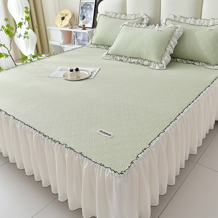 91家纺网 家纺一手货源 找家纺 小牛席业 2026新款浪漫花语冷感豆席床裙凉席席子系列 浪漫花语冷感豆豆席床裙-绿色