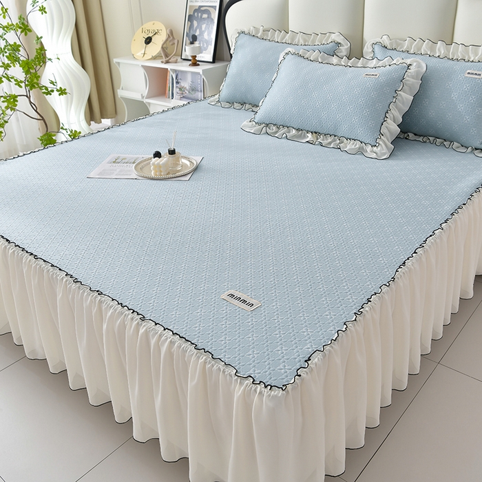 91家纺网 家纺一手货源 找家纺 小牛席业 2026新款浪漫花语冷感豆席床裙凉席席子系列 浪漫花语冷感豆豆席床裙-蓝色