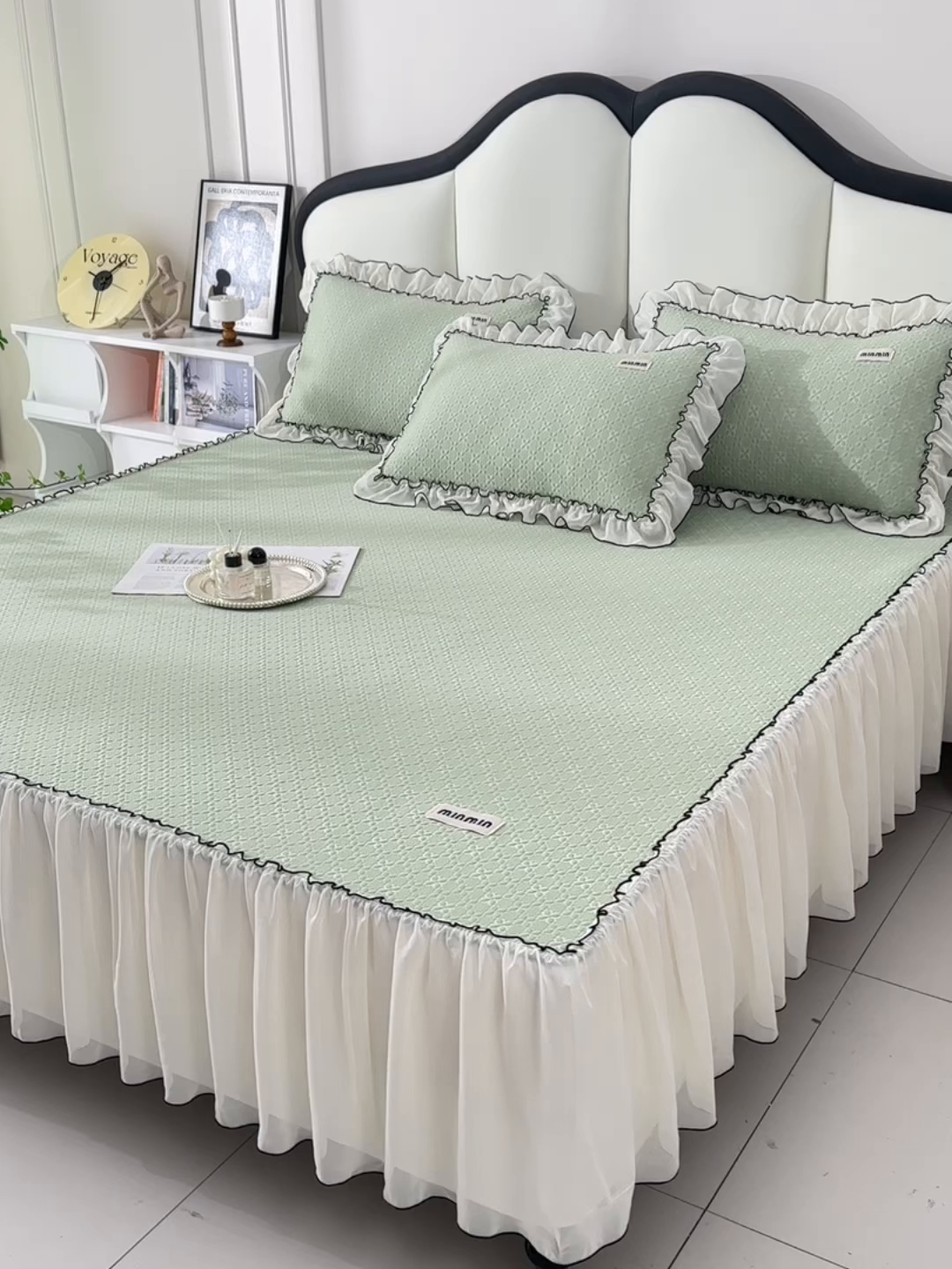 91家纺网 家纺一手货源 找家纺 小牛席业 2026新款浪漫花语冷感豆席床裙凉席席子系列 浪漫花语冷感豆豆席床裙-绿色