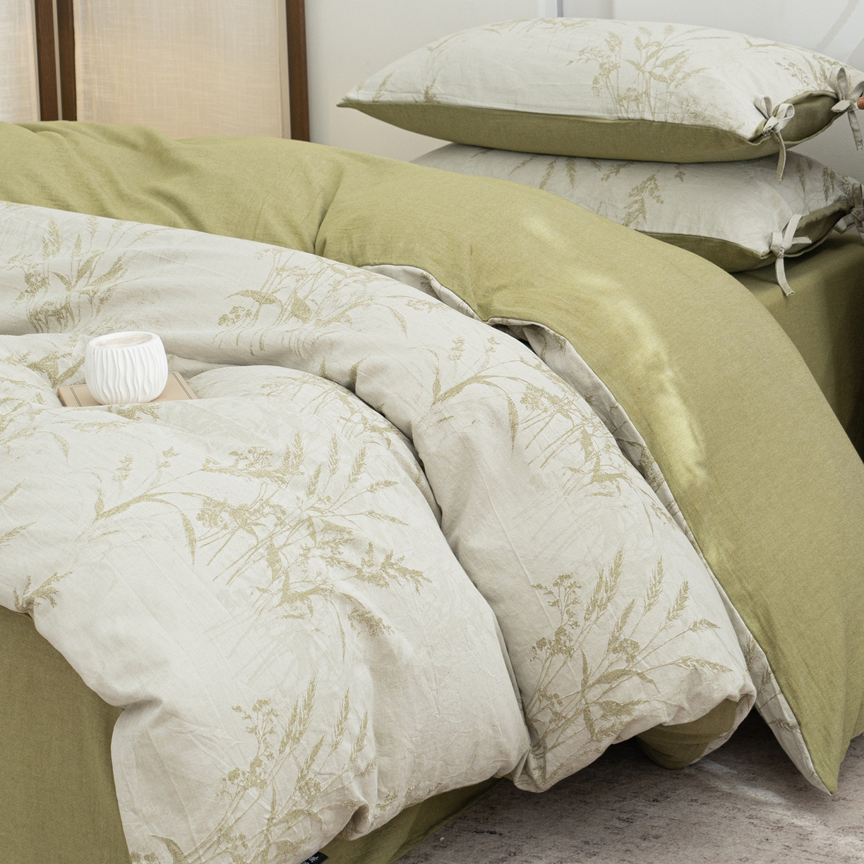 91家纺网 家纺一手货源 找家纺 凌云家纺 2026新款高端春夏提花棉麻四件套-穗穗如意系列 穗穗如意-果绿