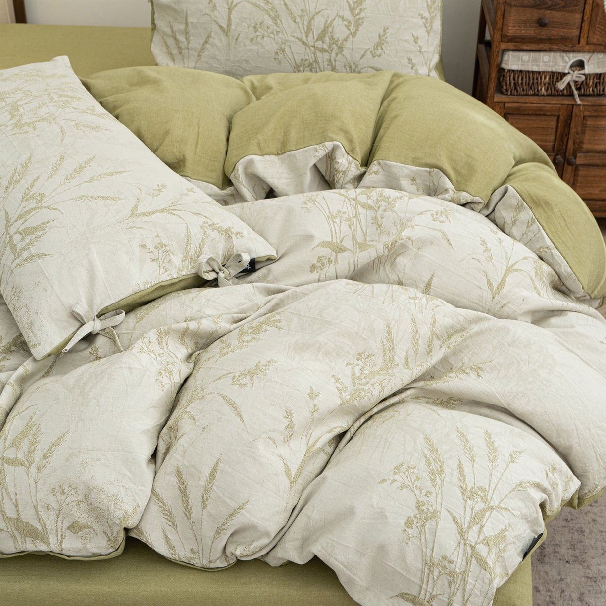 91家纺网 家纺一手货源 找家纺 凌云家纺 2026新款高端春夏提花棉麻四件套-穗穗如意系列 穗穗如意-果绿