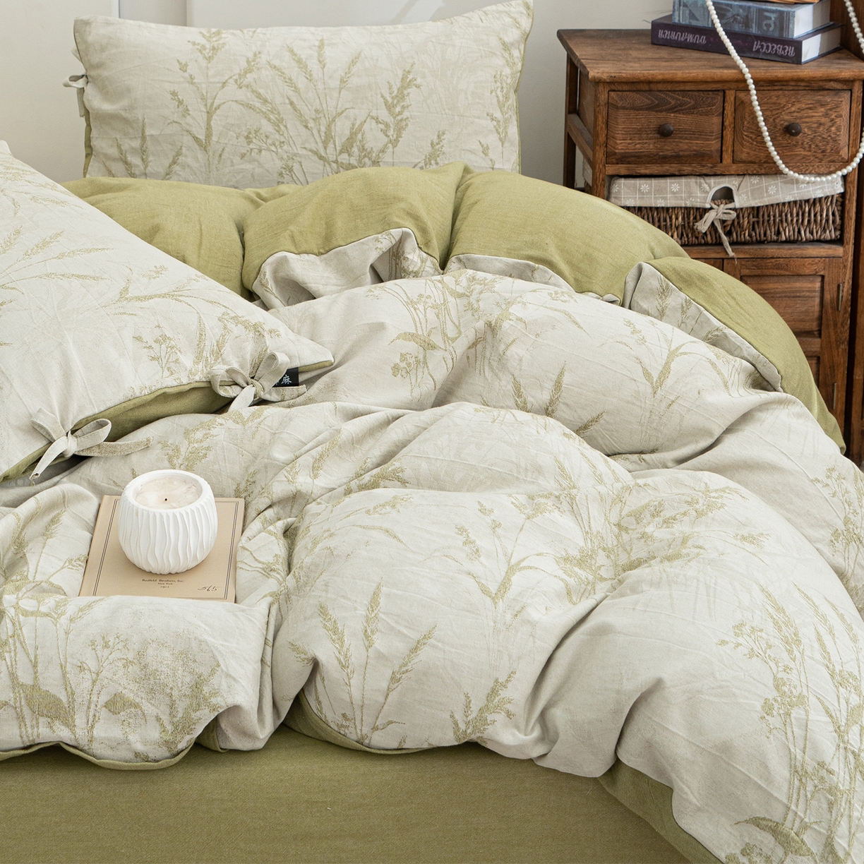 91家纺网 家纺一手货源 找家纺 凌云家纺 2026新款高端春夏提花棉麻四件套-穗穗如意系列 穗穗如意-果绿