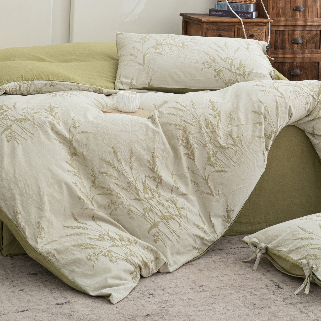 91家纺网 家纺一手货源 找家纺 凌云家纺 2026新款高端春夏提花棉麻四件套-穗穗如意系列 穗穗如意-果绿